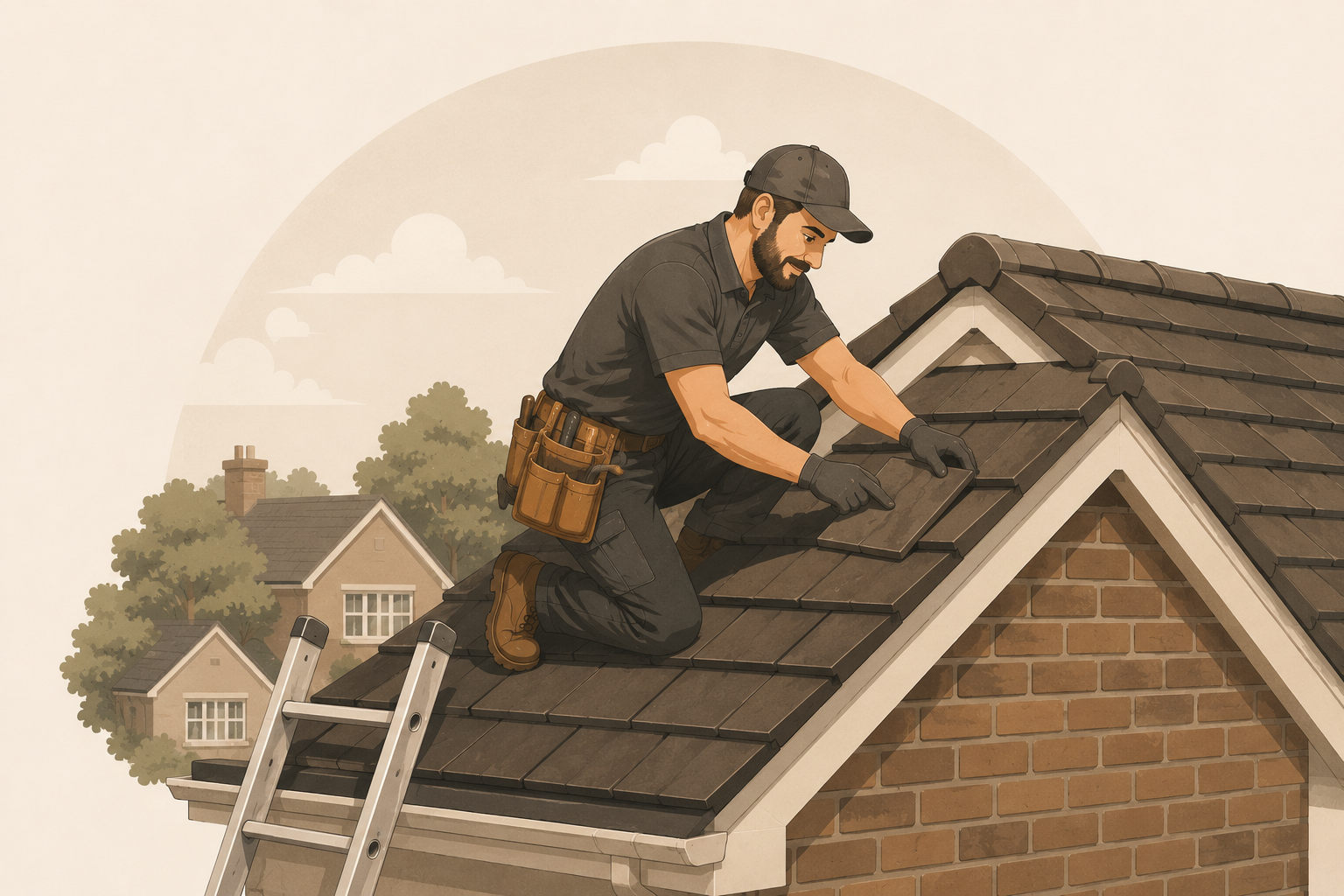 Roofer in Bolton on a residential rooftop with ladder and tiles