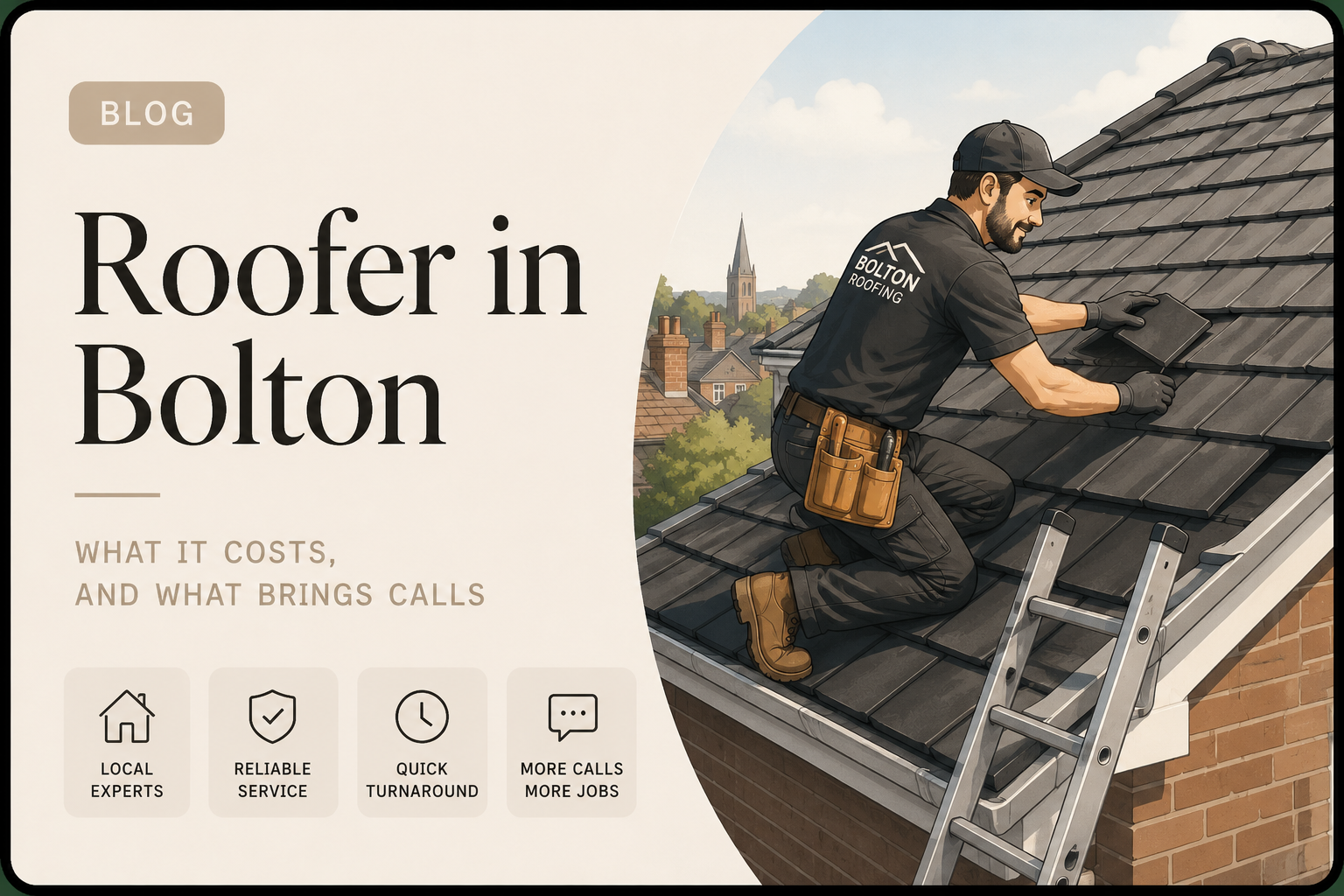 Roofer in Bolton on a residential rooftop with ladder and tiles